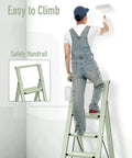 4 Step Foldable Aluminum Ladder That Doubles As A Lightweight Step Stool No Assembly Needed With Compact 2.1 Inches Folded Thickness And Reaches Up To 29.7 Inches For Easy Home Garage Use, man painting on safety handrail ladder