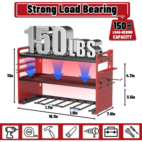 Modular Power Tool Organizer Wall Mount For Garage, Heavy Duty Metal Cordless Tool Storage Rack With Hooks, 150 lbs capacity
