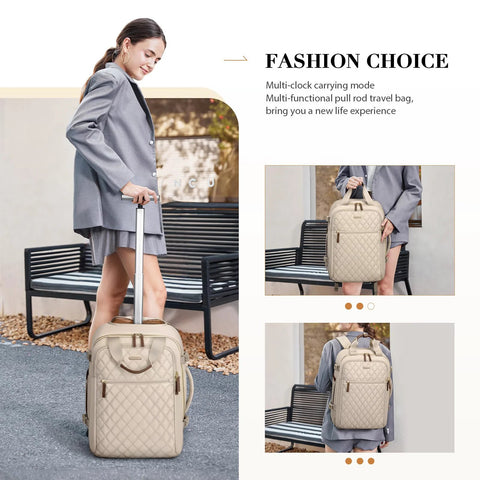 Apricot quilted rolling backpack with wheels; beige laptop bag, front view with extended pull handle.