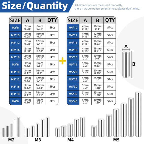 Sizing chart of 110 Piece Stainless Steel Dowel Pins Kit 2 To 5mm Assorted Diameters And 8 To 30mm Lengths for furniture and woodworking.