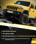 TUCAREST 10-piece suspension kit on a yellow off-road SUV climbing rocks; front-left view.