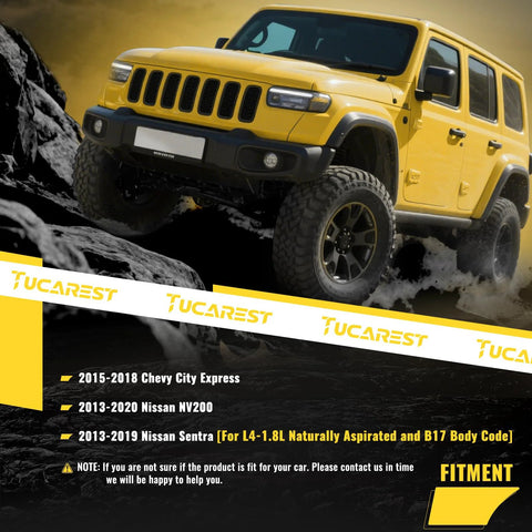 TUCAREST 10-piece suspension kit on a yellow off-road SUV climbing rocks; front-left view.