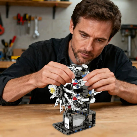 Man assembling Mini Turbofan Engine Model Kit That Actually Runs Build Your Own Aircraft Engine With Motor STEM Mechanical Educational Toy For Kids And Adults 558 Piece Set