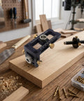 Dead On Positioning Guide With Swappable Stainless Bushings And Knurled Lock Knobs Heavy Duty Alignment Jig on wood with tools.