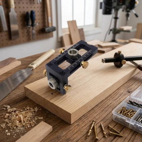 Dead On Positioning Guide With Swappable Stainless Bushings And Knurled Lock Knobs Heavy Duty Alignment Jig on wood with tools.