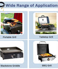Wide range of applications featuring portable grill, tabletop grill, Blackstone griddle, and BBQ grill with upgraded 18 foot RV quick connect propane hose with elbow adapter for RV to grill low pressure direct connect and 17 inch or 22 inch Blackstone griddles or grills.