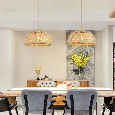 Roomy Bamboo Plug In Pendant Light With Dimmable Switch And 14 Foot Handmade Woven Cord above dining table, featuring natural bamboo design.