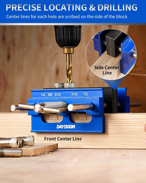 Pro-Grade 6.7 Inch Self Centering Dowel Jig Kit With Wide Capacity Doweling Jig And Drill Guide For Woodworking shown in use on wood