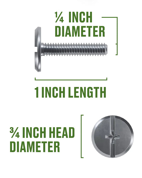 Top Shelf Stainless Steel Combo Sidewalk Bolts One Quarter By One Inch Truss Head Fasteners dimensions showing 1 inch length and 1/4 inch diameter.