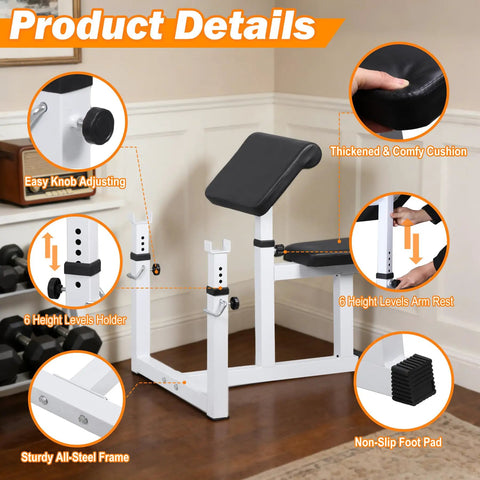 Preacher Curl Bench Adjustable Arm Curl Bench For Bicep Isolation Home Gym Strength Training, Heavy Duty Steel Frame, features details