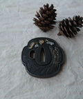 Samurai Sword Koshirae With Tsuba Alloy 081-099 Black Finish Two Girl Motif Tsuba shown with pine cones