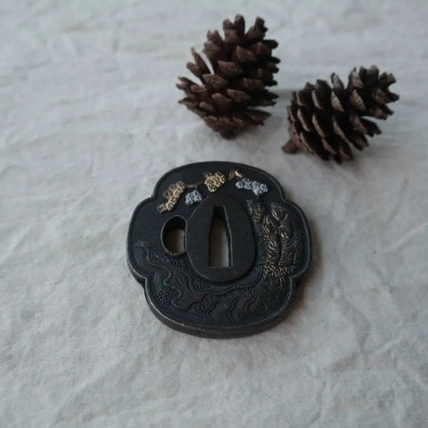 Samurai Sword Koshirae With Tsuba Alloy 081-099 Black Finish Two Girl Motif Tsuba shown with pine cones