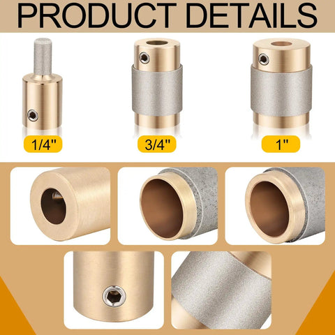 Diamond Glass Grinder Bits Set For Stained Glass Tools Copper Core Diamond-Coated Drill Heads In 1 Inch 3/4 Inch And 1/4 Inch Sizes Pro Grade Durability And Long-Lasting Grinding Power product details