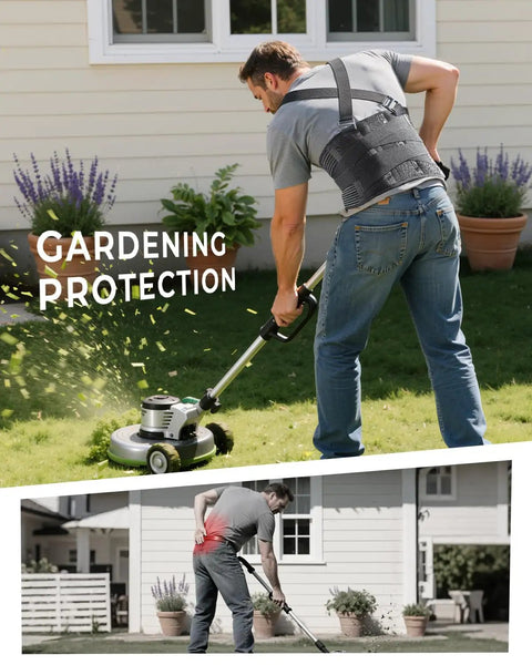 Man mowing lawn wearing Breathable Work Back Brace With Removable Suspenders For Men And Women, Medical Grade Lower Back Support Belt For Lifting, Warehouse And Construction Jobs, Moving Heavy Stuff, Pain Relief And Spine Stabilization
