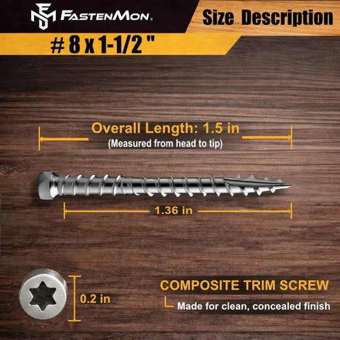 Heavy Duty 304 Stainless Steel Trim Screws For Composite Fencing And Deck Boards Size 8 By 1.5 Inch detailed size image.