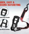 4 Pack Heavy Duty Ratchet Tie Down Straps 1 Inch X 12 Foot 1500 Lbs Breaking Point showing padded handle and release button.
