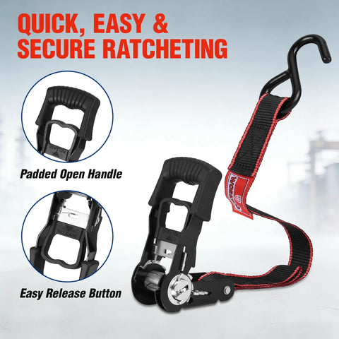 4 Pack Heavy Duty Ratchet Tie Down Straps 1 Inch X 12 Foot 1500 Lbs Breaking Point showing padded handle and release button.