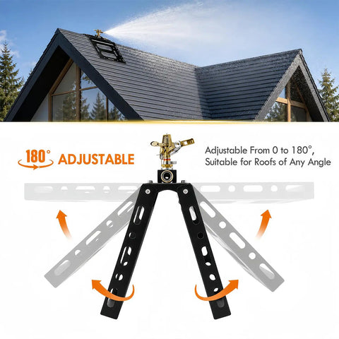 Ultra Tough Rooftop Sprinkler Goes Hard on Wildfire Defense, adjustable from 0 to 180 degrees for various roof angles.