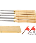 Rock Solid 5 Piece Wood Lathe Turning Tool Set With Durable Cemented Carbide Blades, featuring wooden handles and accessories.