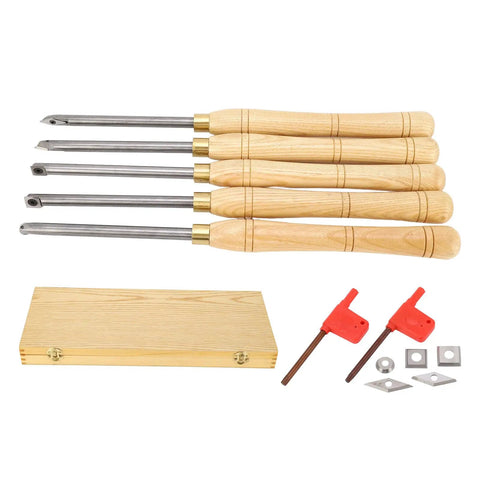 Rock Solid 5 Piece Wood Lathe Turning Tool Set With Durable Cemented Carbide Blades, featuring wooden handles and accessories.