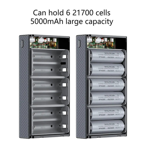 Heavy Duty 21700 Battery Case Housing For Six Cells With Digital Voltage Monitor No Soldering Hassles Easy Assembly with interior view.