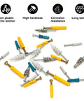550 Piece Drywall Anchors And Screws Kit With Self Drilling Plastic And Zinc Anchors in assorted colors scattered on white