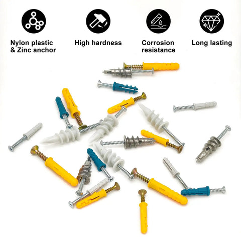 550 Piece Drywall Anchors And Screws Kit With Self Drilling Plastic And Zinc Anchors in assorted colors scattered on white