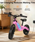 Electric Balance Bike For Kids Ages 3 To 7 With 14 Inch Pneumatic Tires, 24V 270W Motor, Kick To Start Safe Ride, Rear Drum Brake, 3 Speeds Up To 9.3 MPH, Lightweight Magnesium Alloy Frame, Adjustable Seat Pink charging indoors