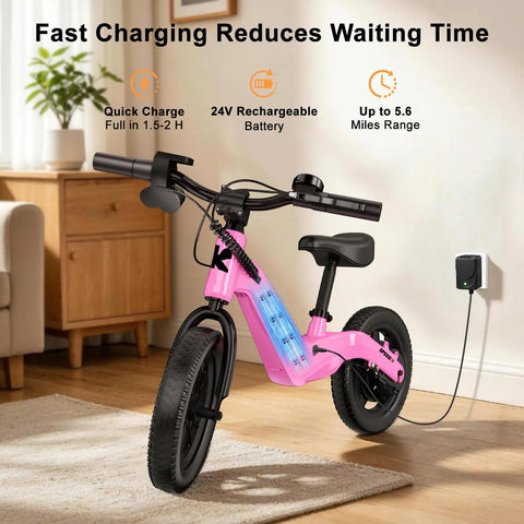 Electric Balance Bike For Kids Ages 3 To 7 With 14 Inch Pneumatic Tires, 24V 270W Motor, Kick To Start Safe Ride, Rear Drum Brake, 3 Speeds Up To 9.3 MPH, Lightweight Magnesium Alloy Frame, Adjustable Seat Pink charging indoors
