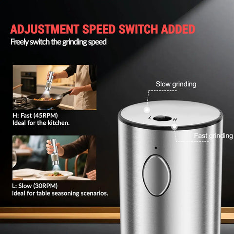 Salt And Pepper Grinder Set With External Coarseness Adjustment, 95ml Large Capacity Auto Pepper Mill adjustment speed switch