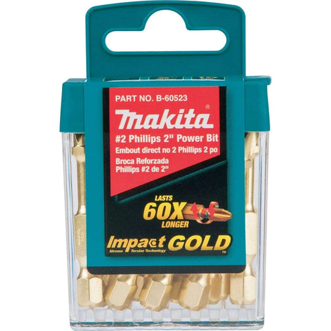 Makita B-60523 Impact Gold #2 Phillips 2-inch power bit set, 15-piece in teal case, front view
