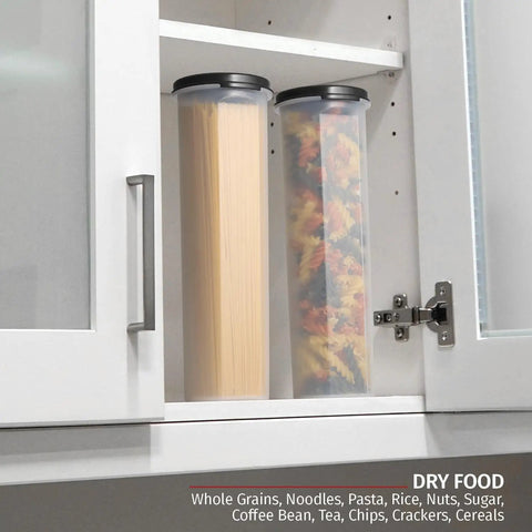 Tall Clear Spaghetti Pasta Storage Jar With Airtight Lid For Pantry Organization next to pasta jar in cabinet
