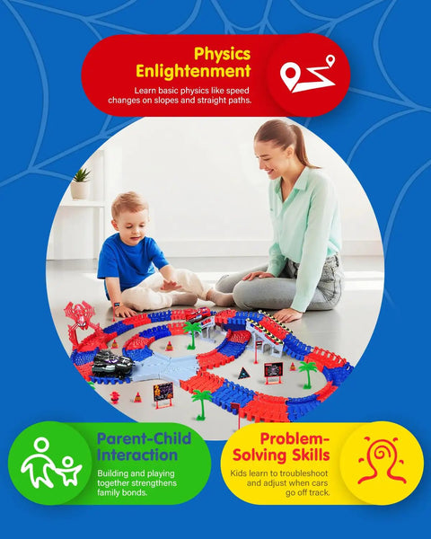 Child and parent play with Awesome Spider Themed Race Track Toy With Flexible 212 Piece Car Track And Two Spider Cars