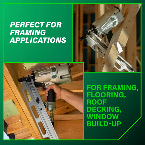Top Shelf Pneumatic Framing Nailer With Smooth Operator Depth Tweaks And Heavy Duty Aluminum Magazine for snag-free shooting at worksite.