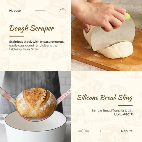Complete Sourdough Starter Kit With 9-Inch Round And 10-Inch Oval Banneton Proofing Baskets Plus 7 Essential Tools For Home Bakers showing dough scraper and silicone bread sling in use