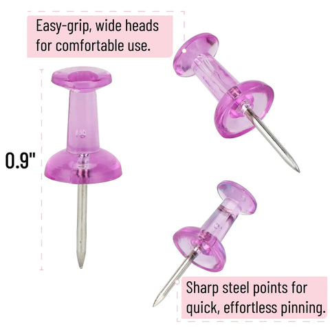 Bulk Assorted Push Pins For Bulletin Boards Featuring Hella Bright Plastic Heads And Sharp Metal Tips That Gonna Keep Your Notes Secure And Organize Your Space Like A Pro, 0.9 inch pink pins with easy-grip heads.