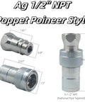 Hydraulic quick-connect coupler set, 1/2 in NPT, Ag chrome metal, Pioneer-style with dust caps; 3-piece shown.