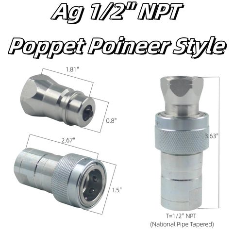 Hydraulic quick-connect coupler set, 1/2 in NPT, Ag chrome metal, Pioneer-style with dust caps; 3-piece shown.