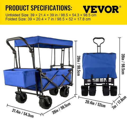 Heavy Duty Collapsible Wagon With Removable Canopy 220 Lb Capacity Foldable Beach Wagon With Big Rugged Wheels
