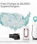 NACS To CCS EV Adapter With Interlock For CCS1 Fast Charging And Tesla Superchargers, 500A 1000V next to US map of superchargers