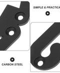 Close-up of Premium Four Pack Carbon Steel Barn Door Hinge Hardware in Matte Black showing detailed design and holes for installation.