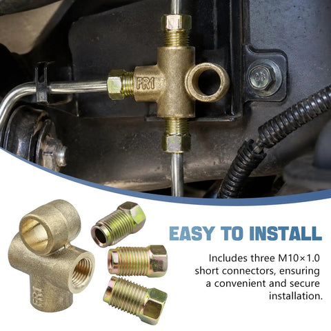 Three Way T Shape Brass Brake Tee With M10 x 1.0 Male Nuts And Short Unions For Connecting Three Sixteenth Inch Brake Line Pipes Brakeline Tee Fitting Inverted Female Tee Elbow Connector Replacement installed on brake line