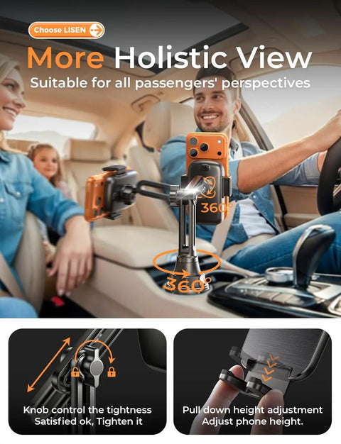 Family in car demonstrating Upgraded Cup Holder Phone Mount With 360 Degree Swivel And Long Neck, secured in vehicle's cup holder