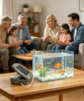 Solar Powered Pond Aerator With 2600mAh Battery And USB Rechargeable Design in living room with aquarium and family in background