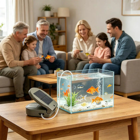 Solar Powered Pond Aerator With 2600mAh Battery And USB Rechargeable Design in living room with aquarium and family in background