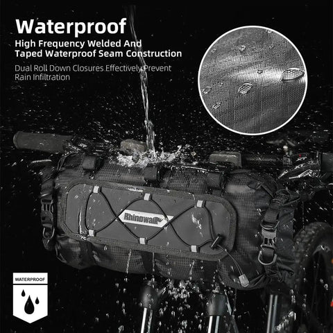 Ride-Ready Waterproof Handlebar Bag 12L Roll-Top Dry Bag mounted on bike, showing water resistance with water droplets visible, black color.