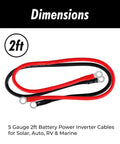 High Performance 5 Awg Battery Power Inverter Cables 2 Feet Long For Solar Auto Rv And Marine Wiring, red and black cables with lugs.