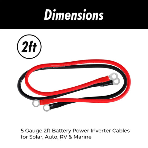 High Performance 5 Awg Battery Power Inverter Cables 2 Feet Long For Solar Auto Rv And Marine Wiring, red and black cables with lugs.