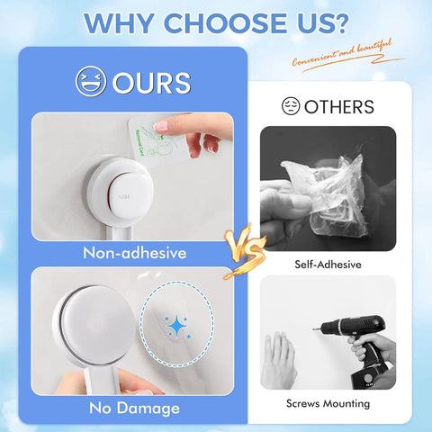 Comparison of suction cup towel bar installation versus self-adhesive and screws, highlighting non-adhesive and no damage features.