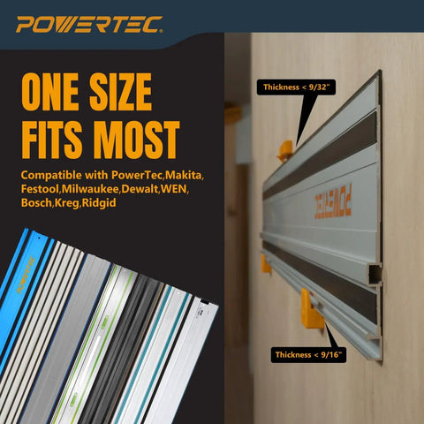 Track Saw Guide Rail Mounts 4 Pack Universal ABS Wall And Ceiling Storage Rack Kit installed holding track rail guide.